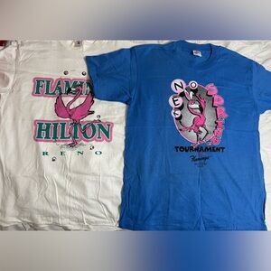 2) Vintage 90s Y2K Mens T-Shirt Size L White/bluDistressed Flamingo Hilton RENO.